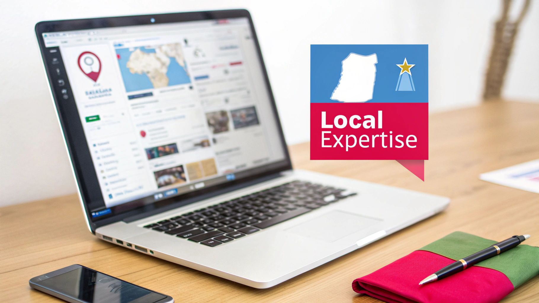 A laptop on a wooden desk showing a map and pin, with a prominent 'Local Expertise' banner.