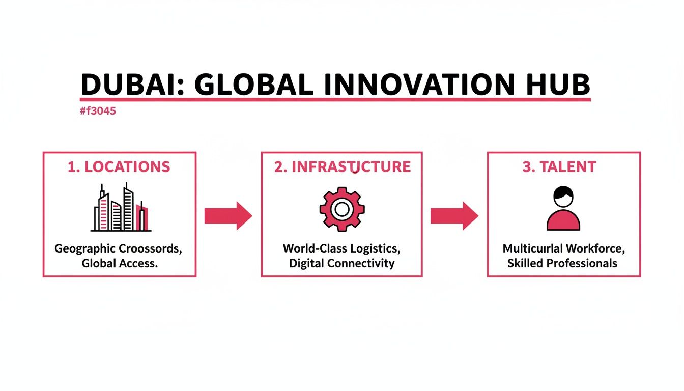 A flowchart illustrates Dubai as a global innovation hub, detailing locations, infrastructure, and talent.