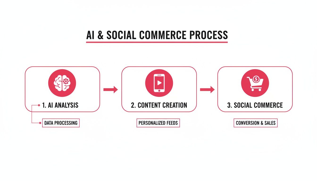 Diagram showing the AI and social commerce process: AI analysis, content creation, and social commerce.