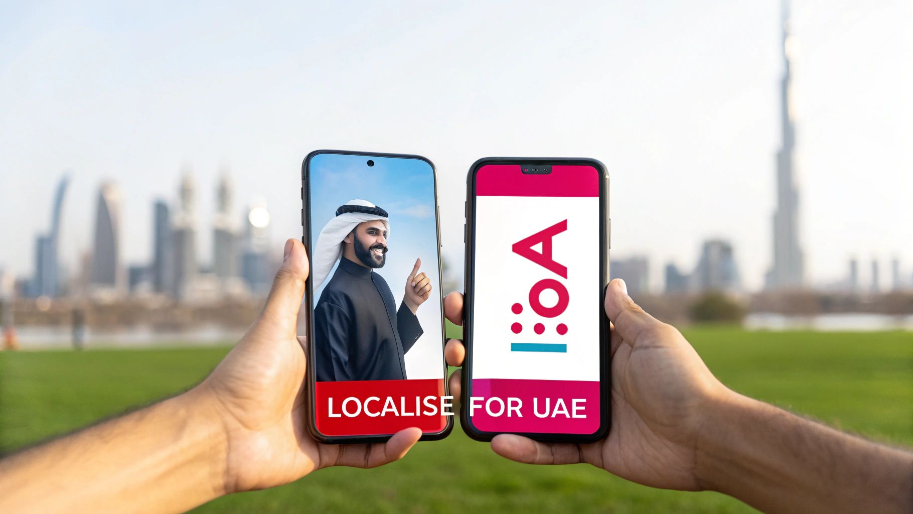 Two hands hold smartphones displaying an Emirati man and a logo with text 'LOCALISE FOR UAE' against the Dubai skyline.