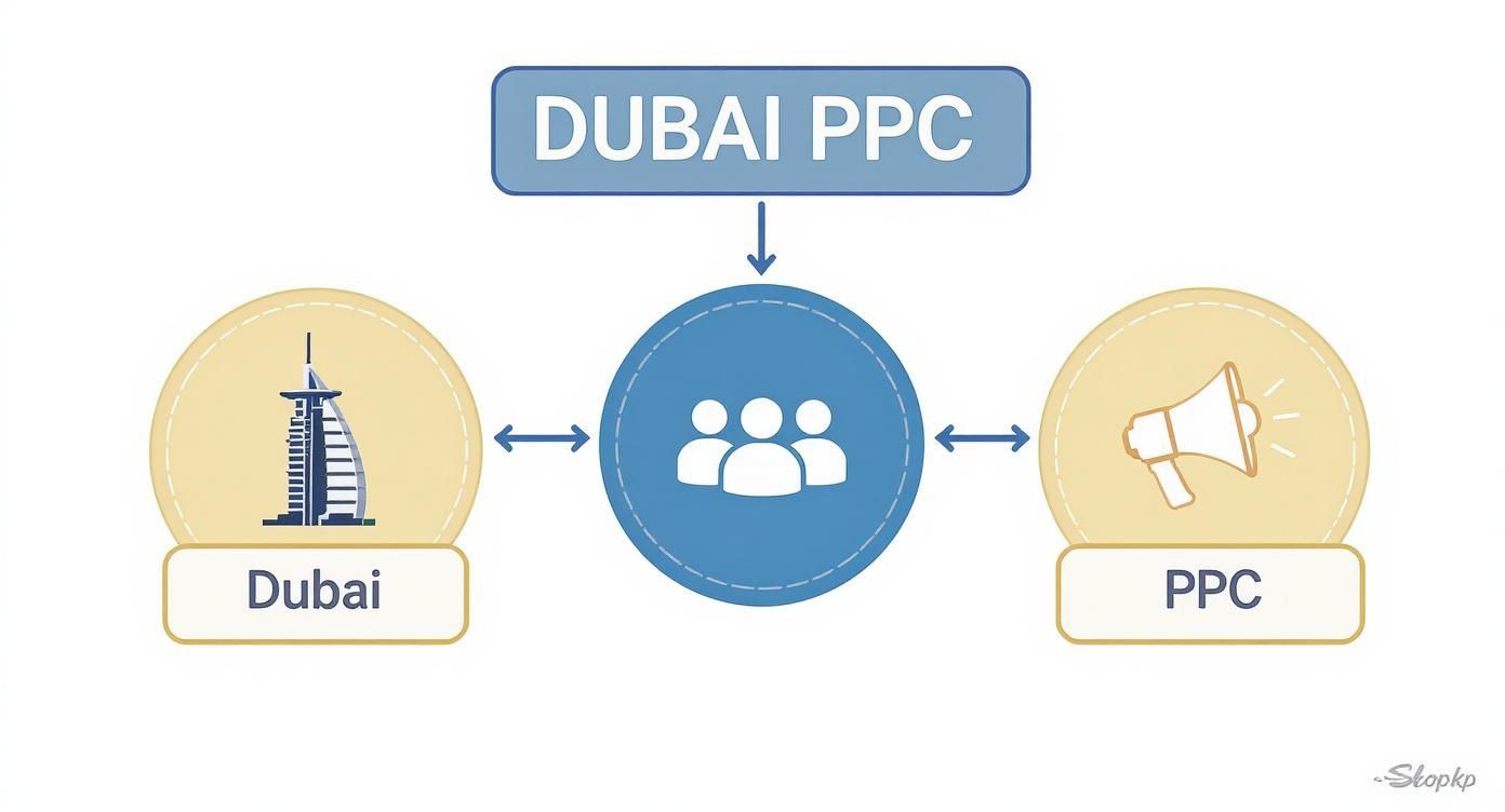Dubai PPC advertising service diagram showing connection between location targeting and pay-per-click campaigns