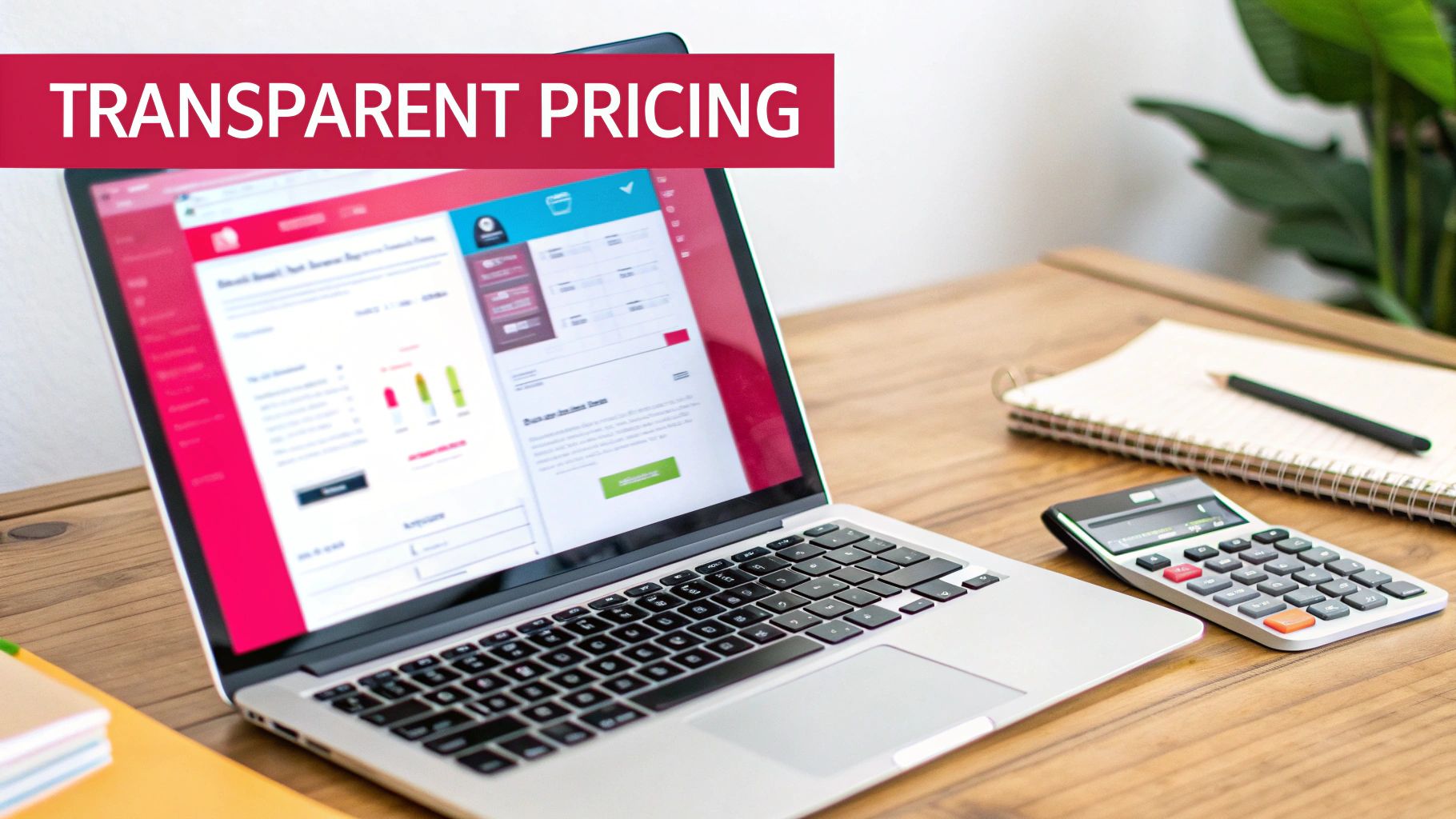 A laptop on a wooden desk displays transparent pricing, with a calculator and notebook.
