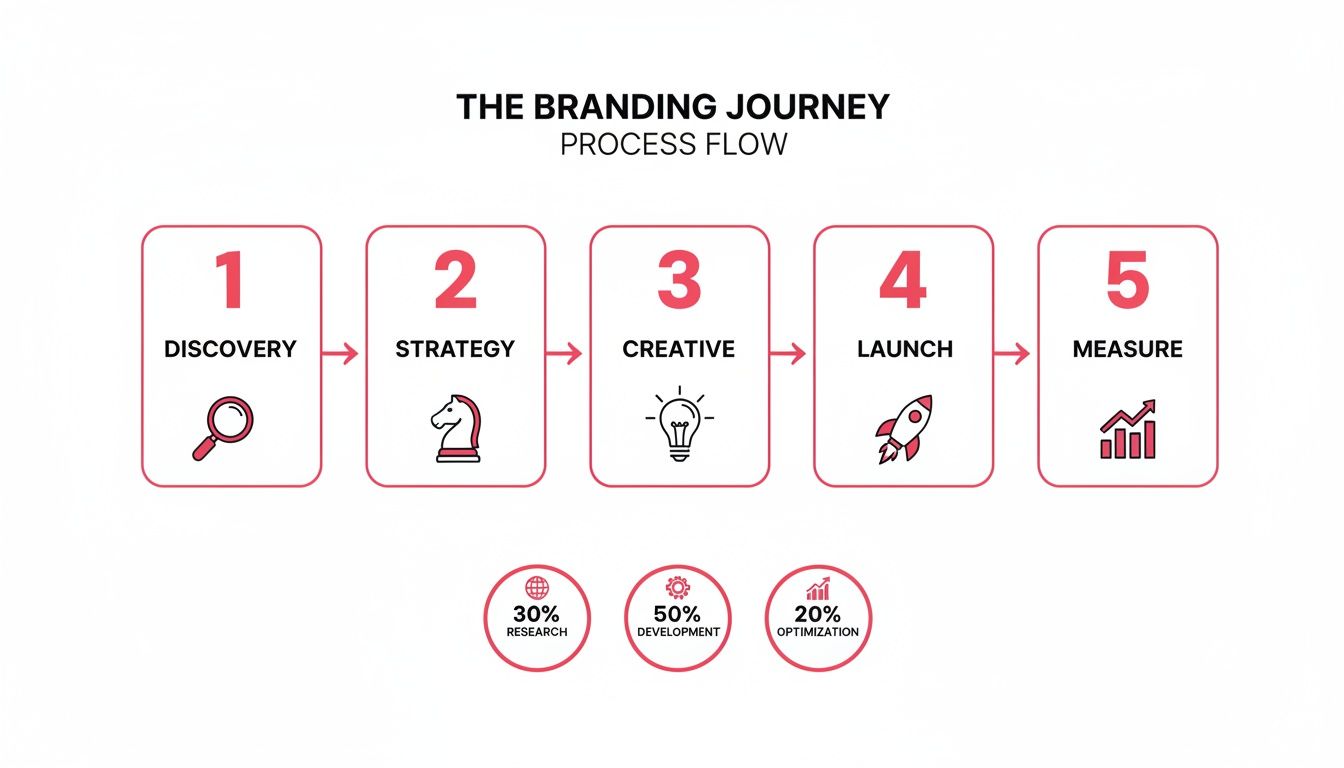 A branding journey process flow diagram showing 5 key steps: Discovery, Strategy, Creative, Launch, and Measure.