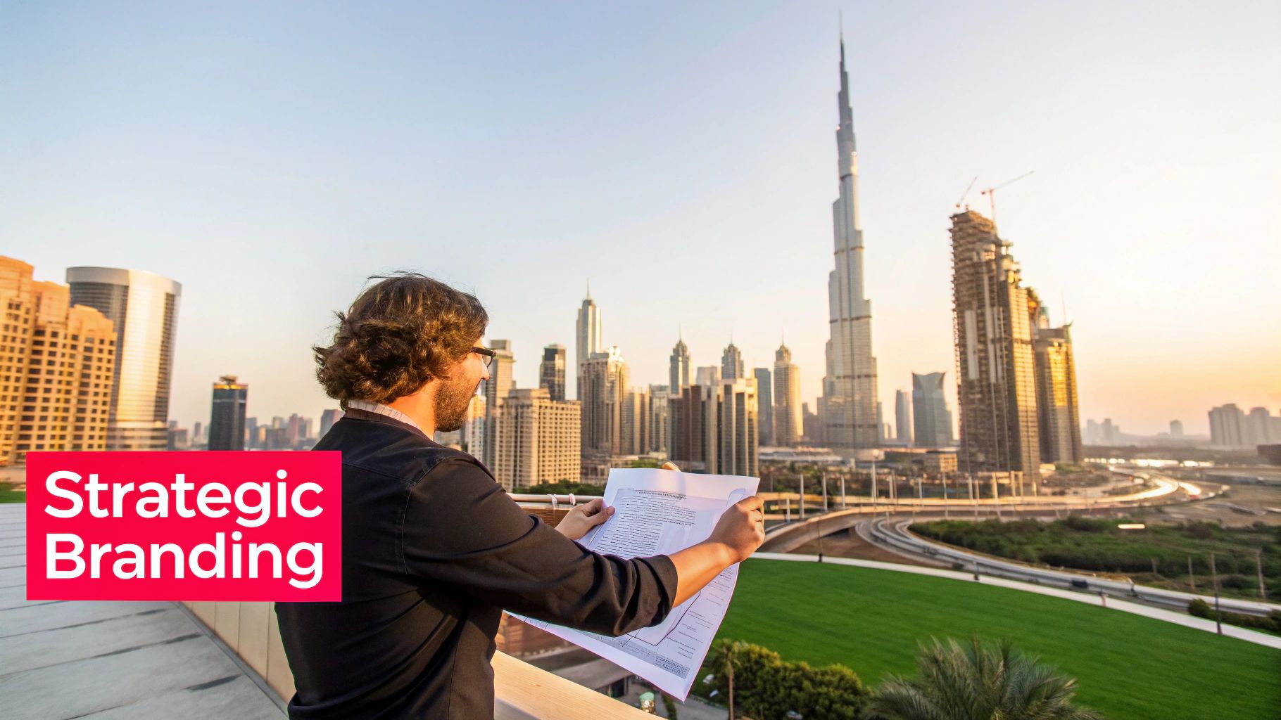 A man reads documents on a rooftop overlooking the Dubai skyline with the Burj Khalifa at sunset.