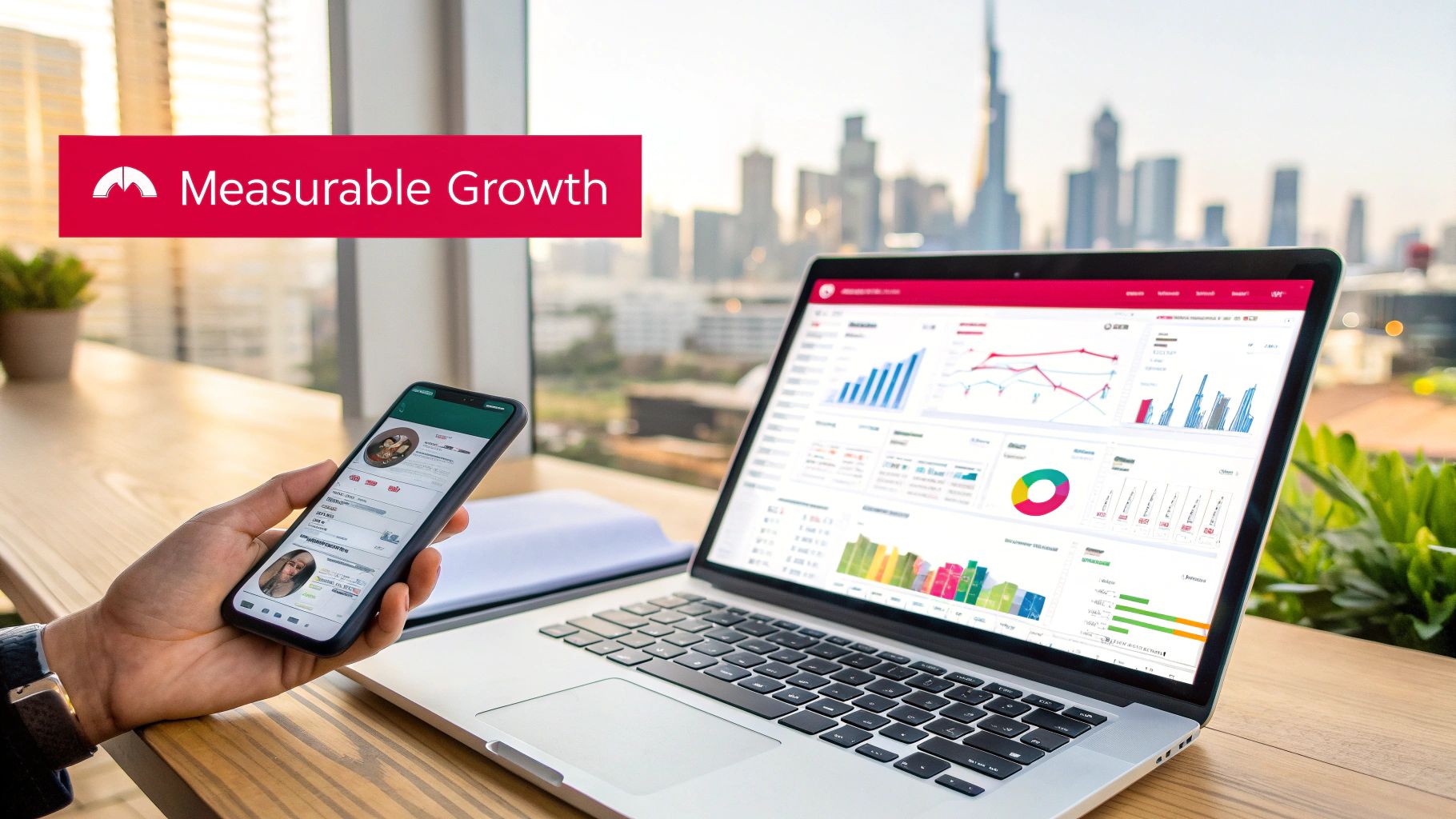 A person views business analytics on a smartphone and laptop against a Dubai city skyline, representing measurable growth.