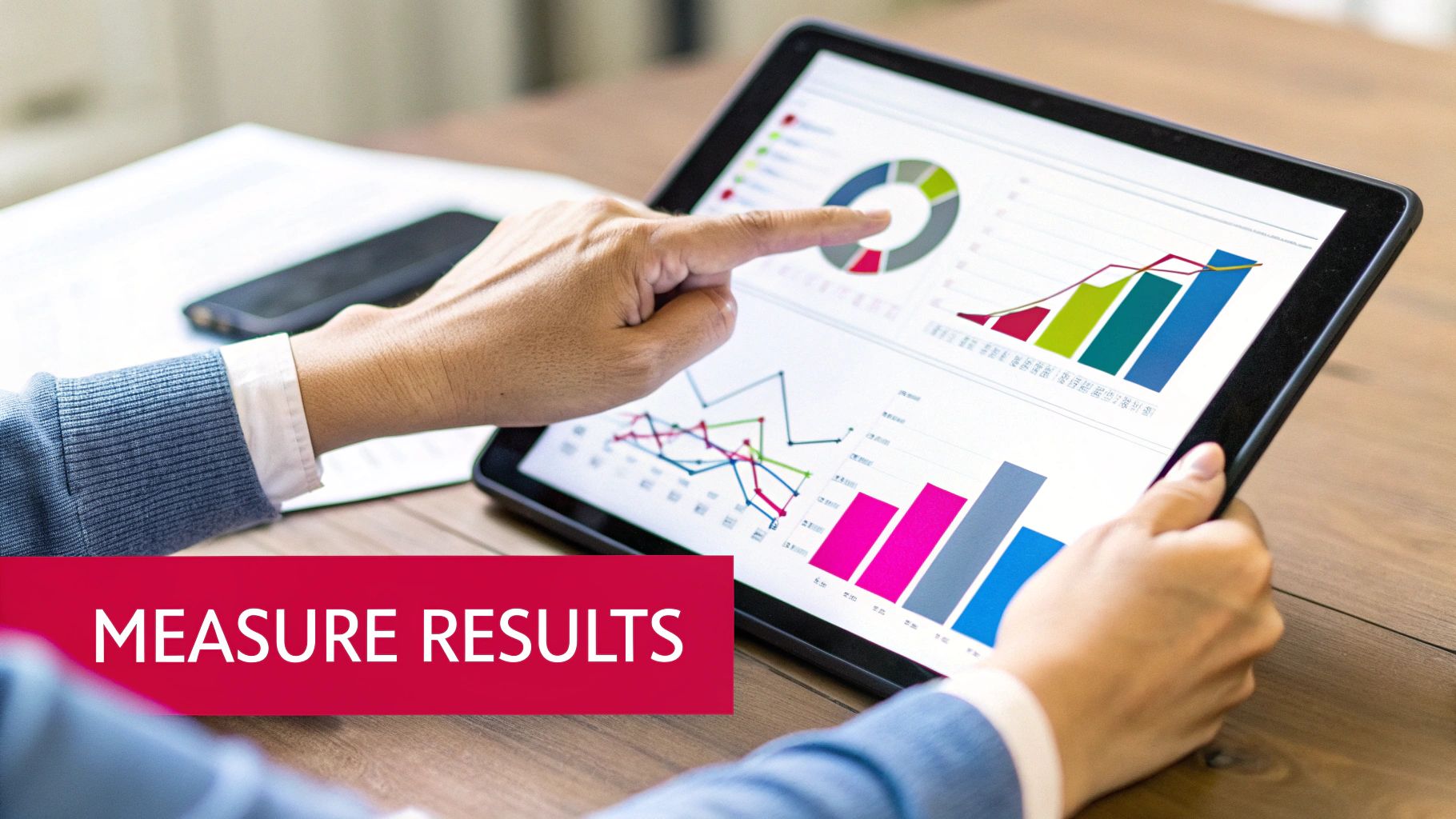 A person's hands interacting with a tablet displaying business analytics and various data charts, with 'MEASURE RESULTS' text.