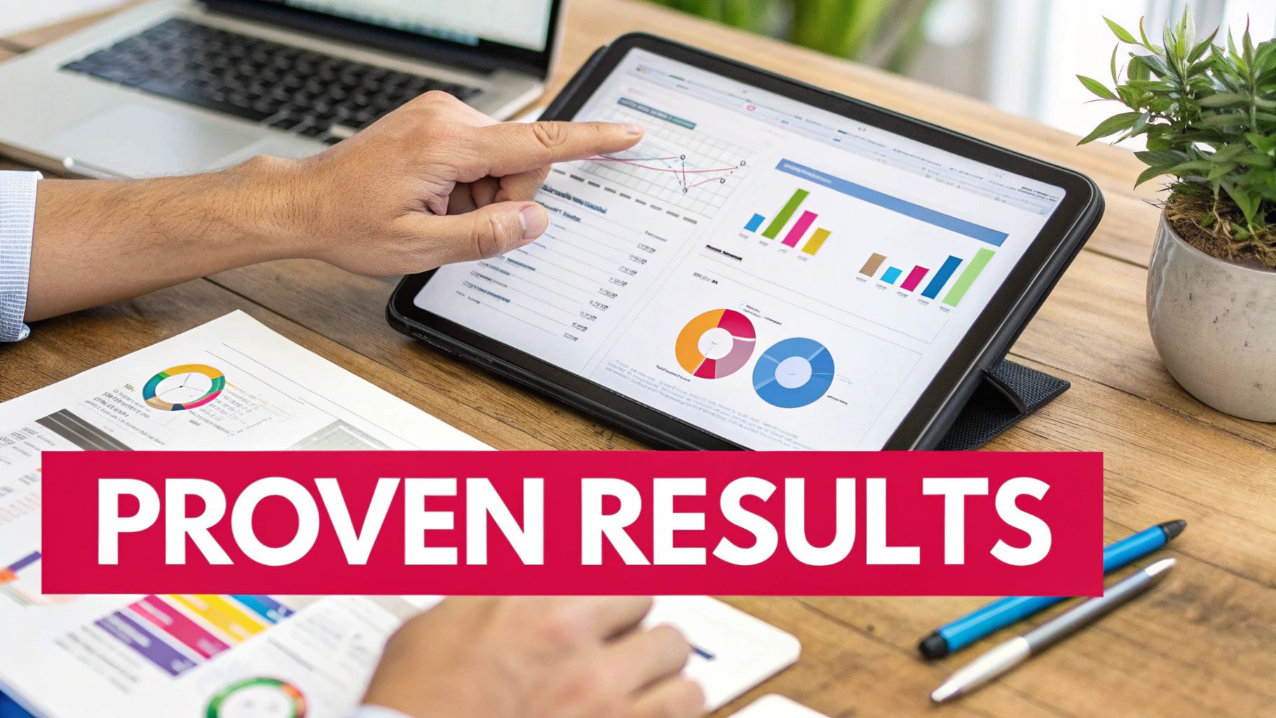 A person's hands interacting with a tablet displaying business analytics and financial graphs, with a 'PROVEN RESULTS' banner.