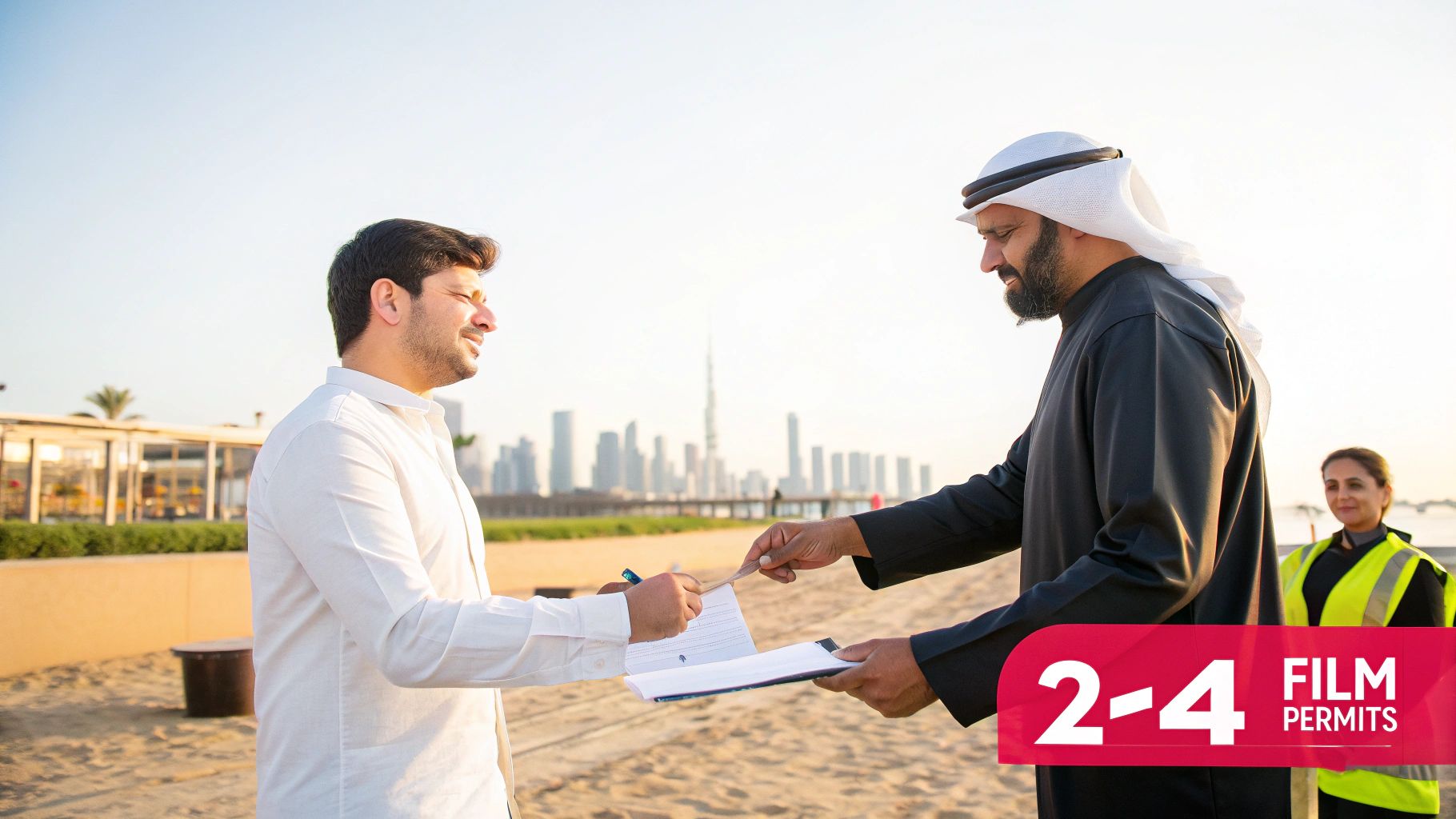 Two men on a Dubai beach signing film permit documents, with the city skyline visible.