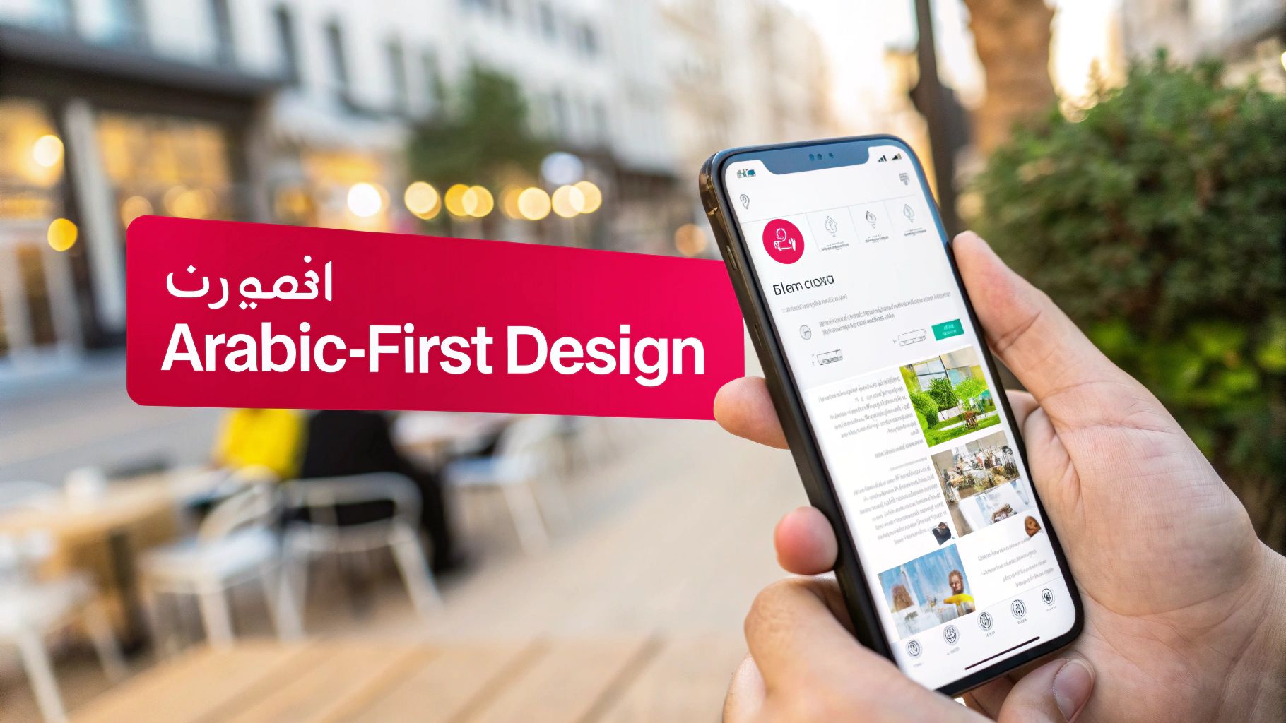 A hand holds a smartphone displaying an app with an 'Arabic-First Design' banner, blurred city street.