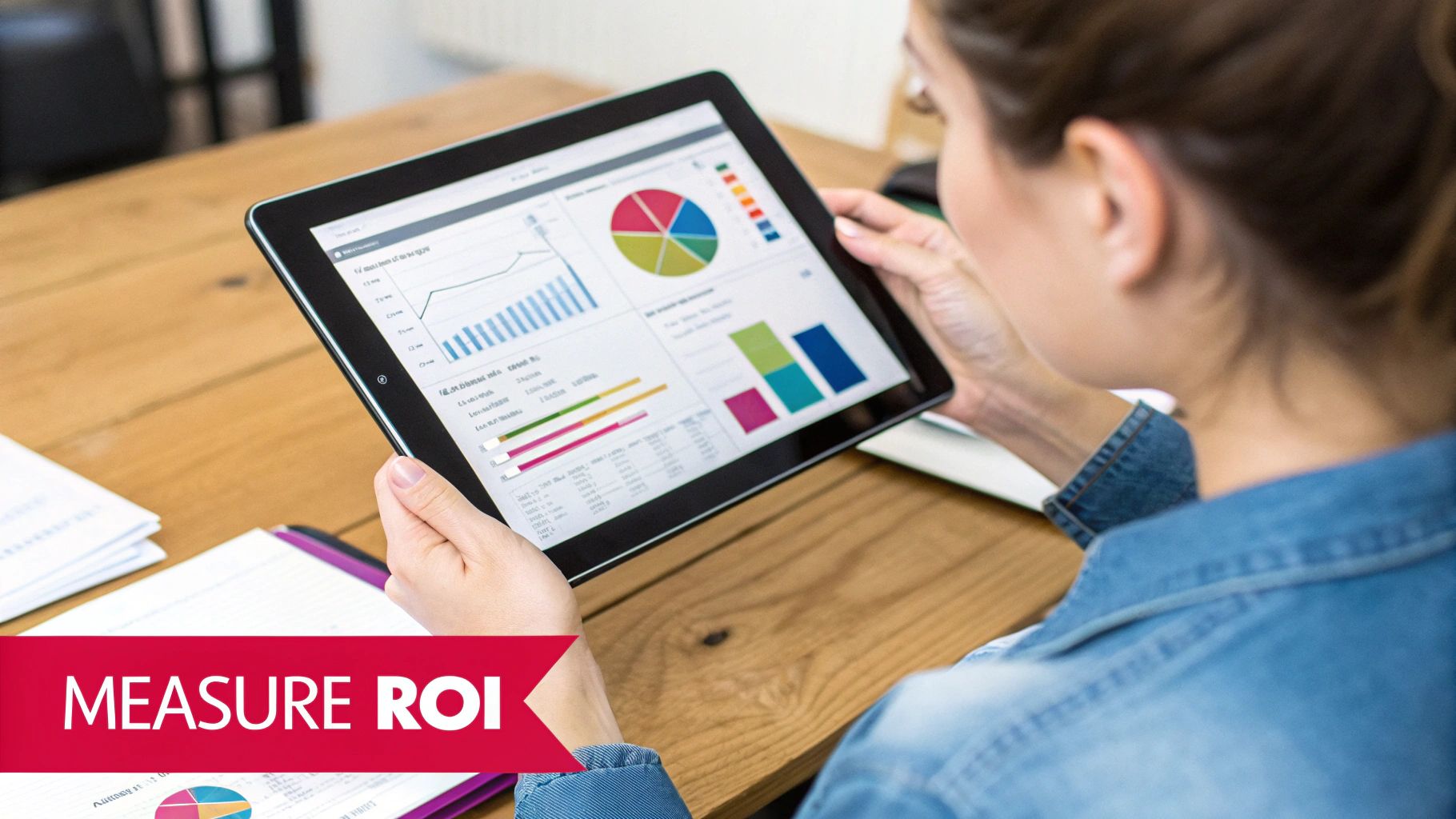 A person holds a tablet displaying colorful business charts and graphs for ROI analysis on a wooden desk.