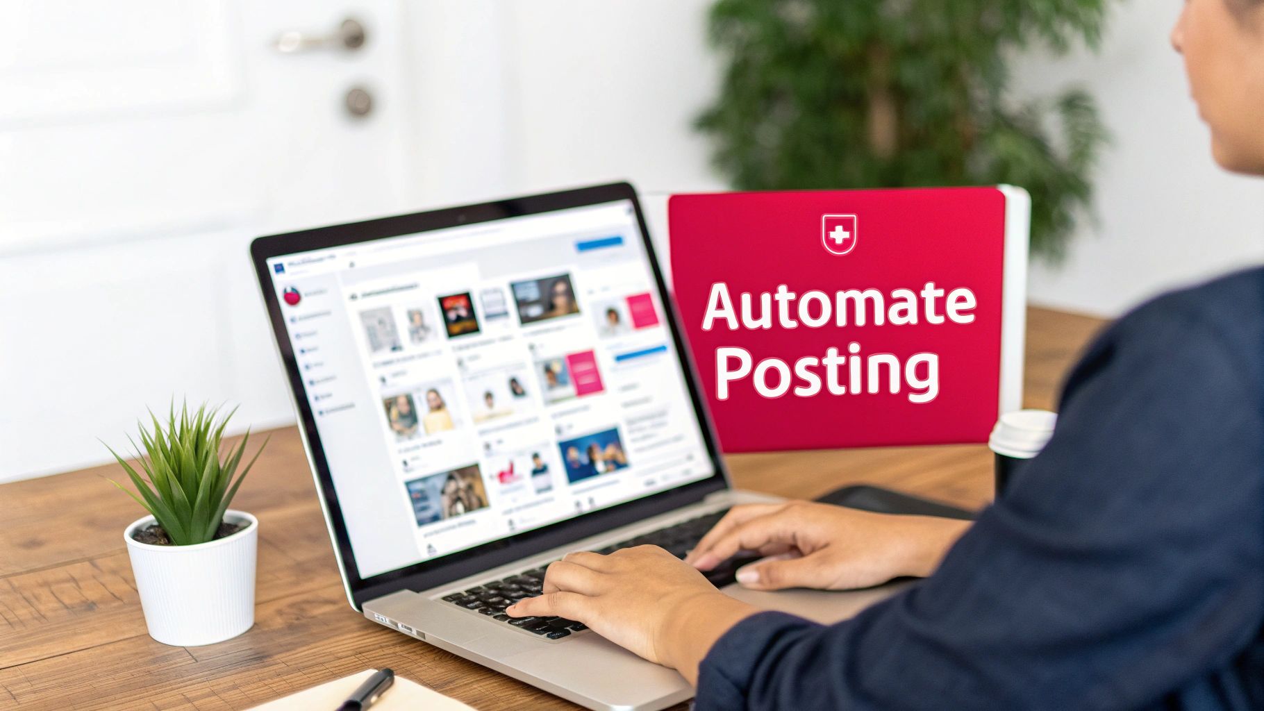 Person typing on a laptop, screen displaying social media content, next to an 'Automate Posting' sign.