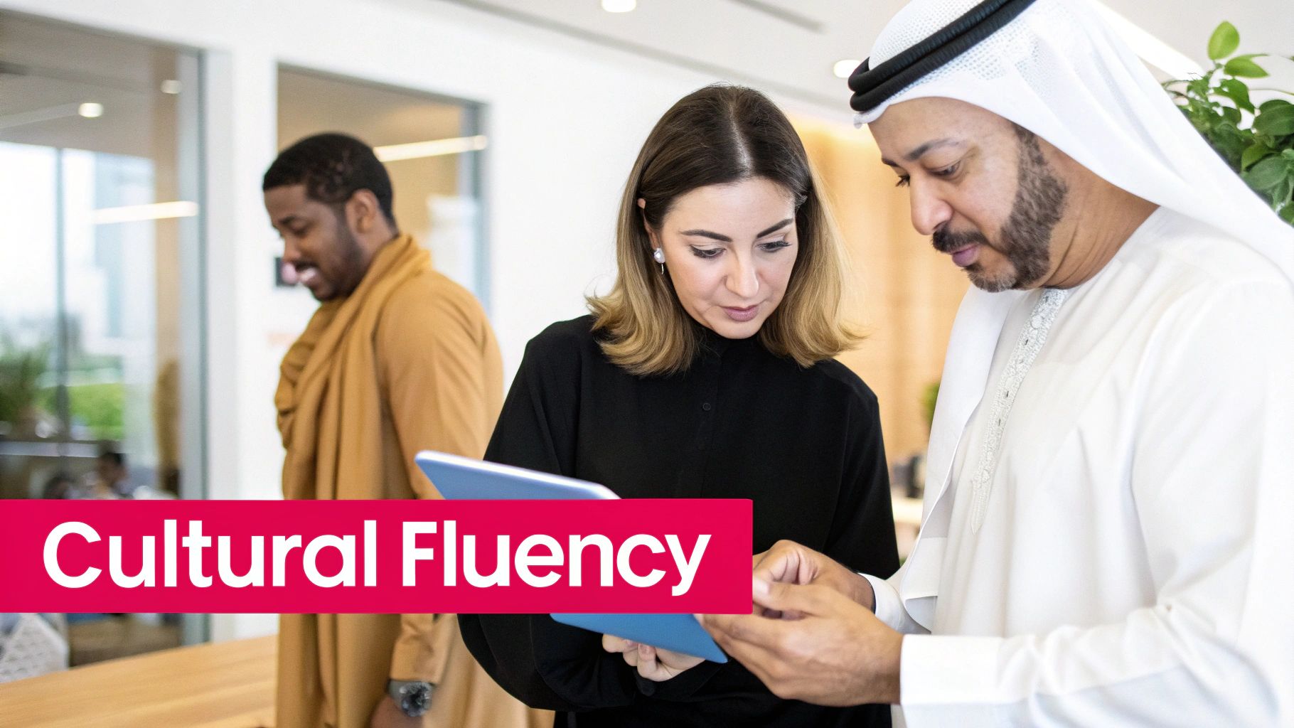 An Arabian man and a woman collaboratively looking at a tablet, promoting cultural fluency in an office setting.