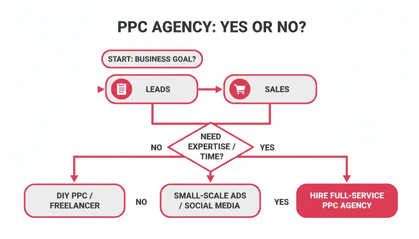 Flowchart depicting the decision-making process for hiring a PPC agency, evaluating business goals, required expertise, and time commitment.