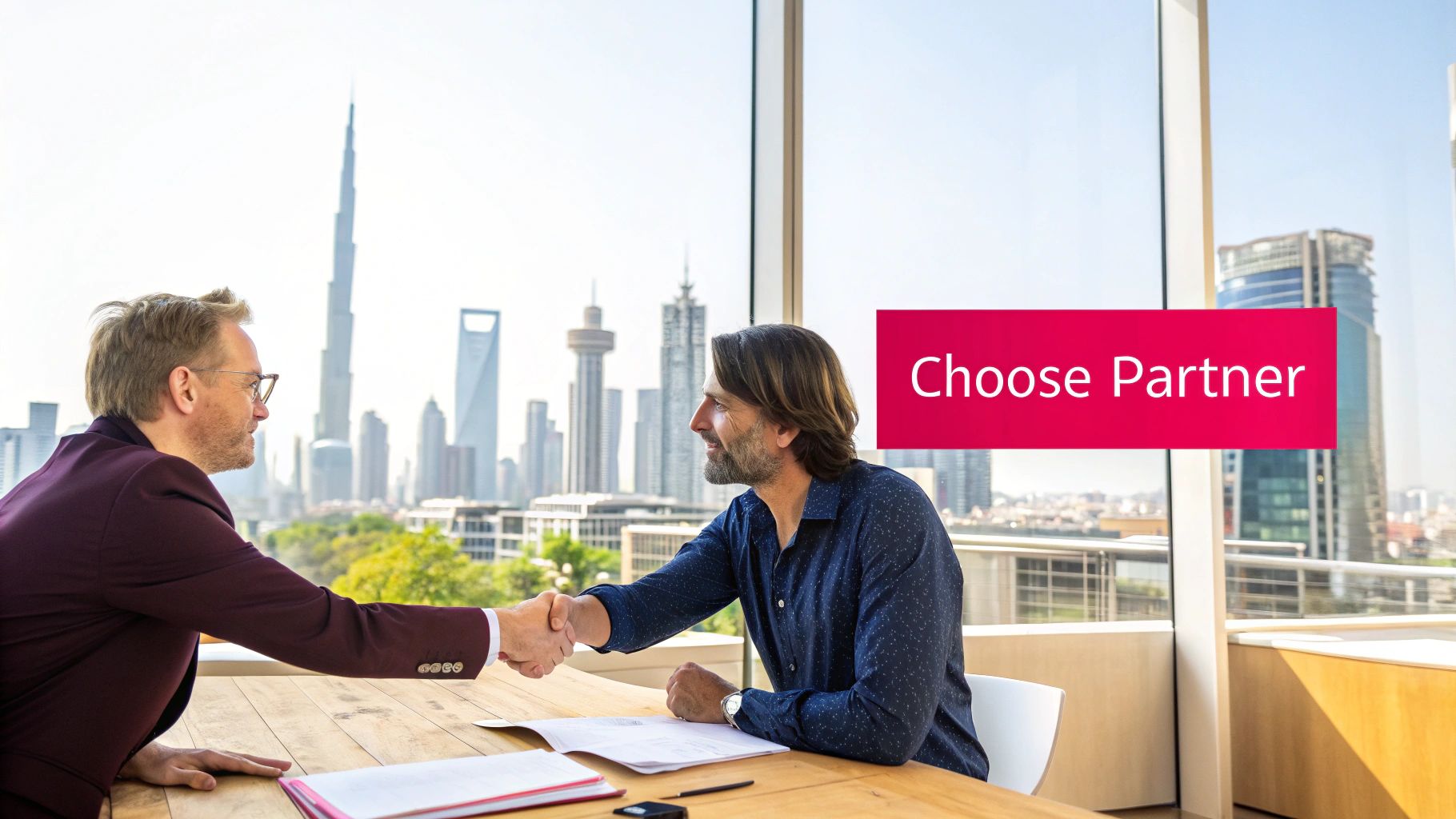Two men shake hands in a modern office, with the impressive Dubai skyline in the background.