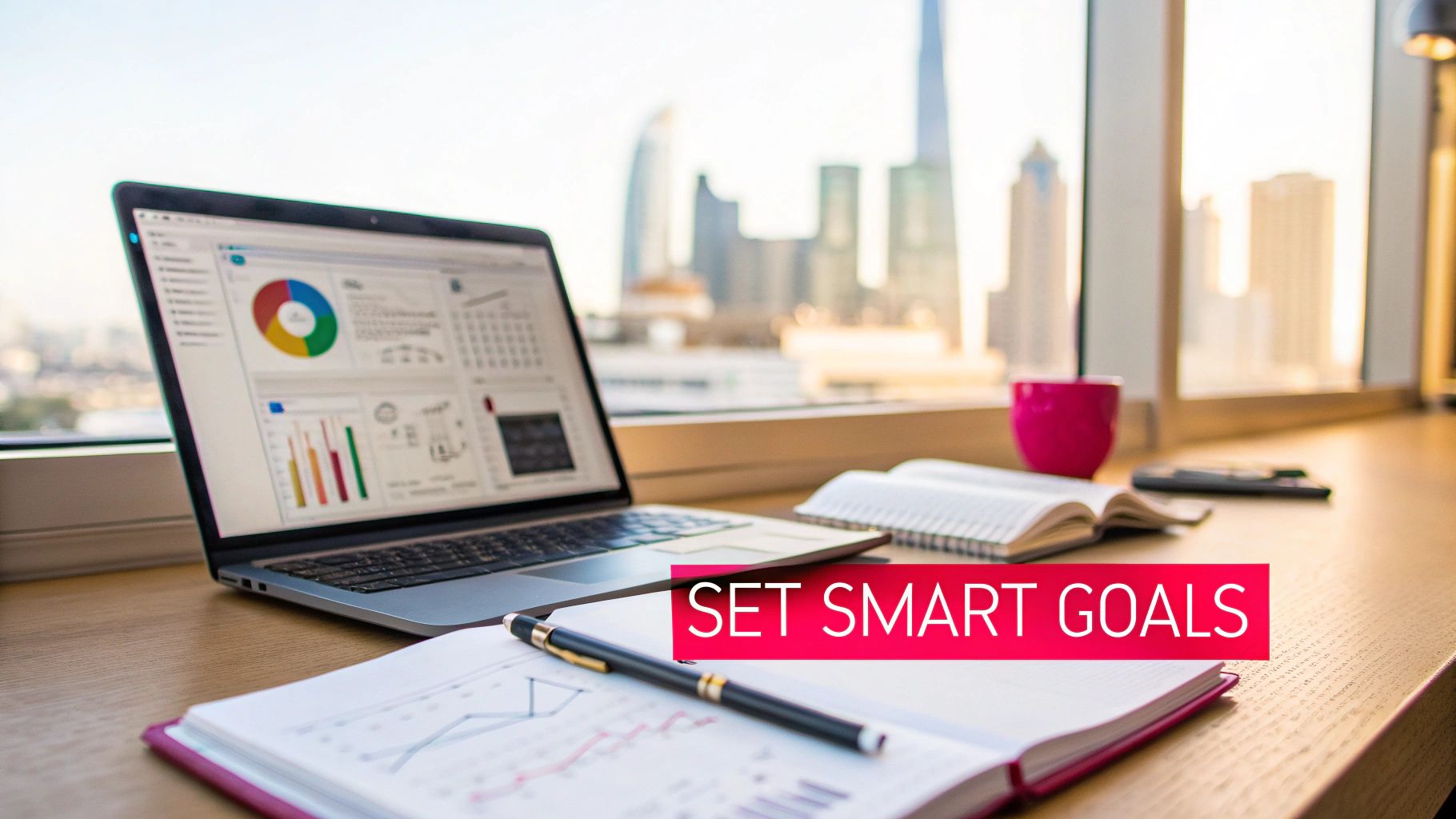 A laptop on a desk showing data dashboards, with notebooks and a pen, overlooking a city skyline.