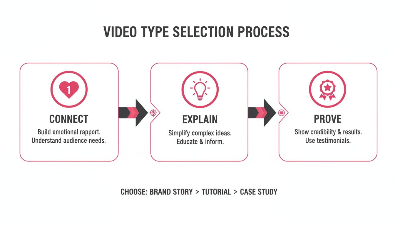 Flowchart showing video type selection process with steps: Connect, Explain, Prove, leading to video types like Brand Story.