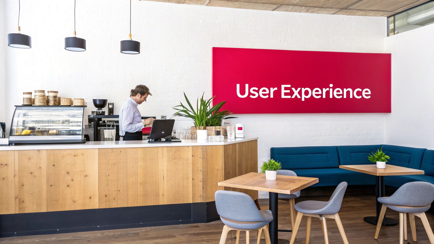 A barista works behind a counter in a modern cafe with a large "User Experience" sign on the wall.