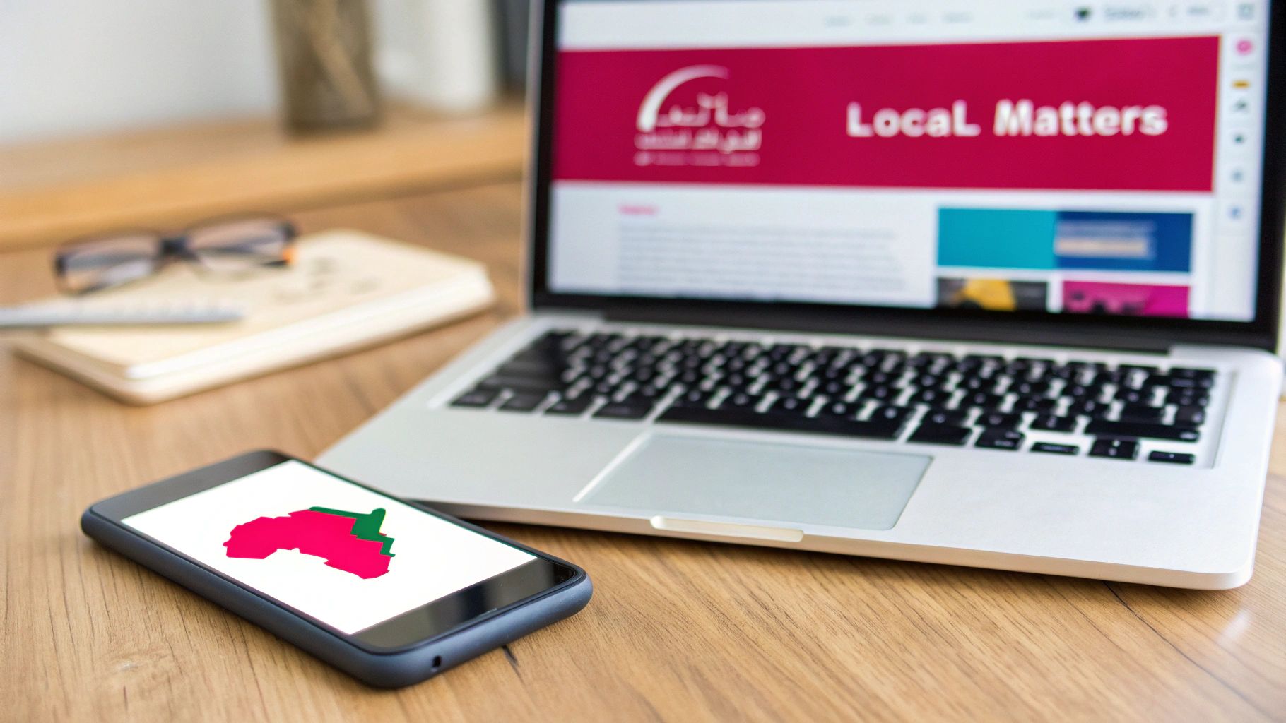 A laptop displaying a 'Local Matters' website and a smartphone with a map on a wooden desk.