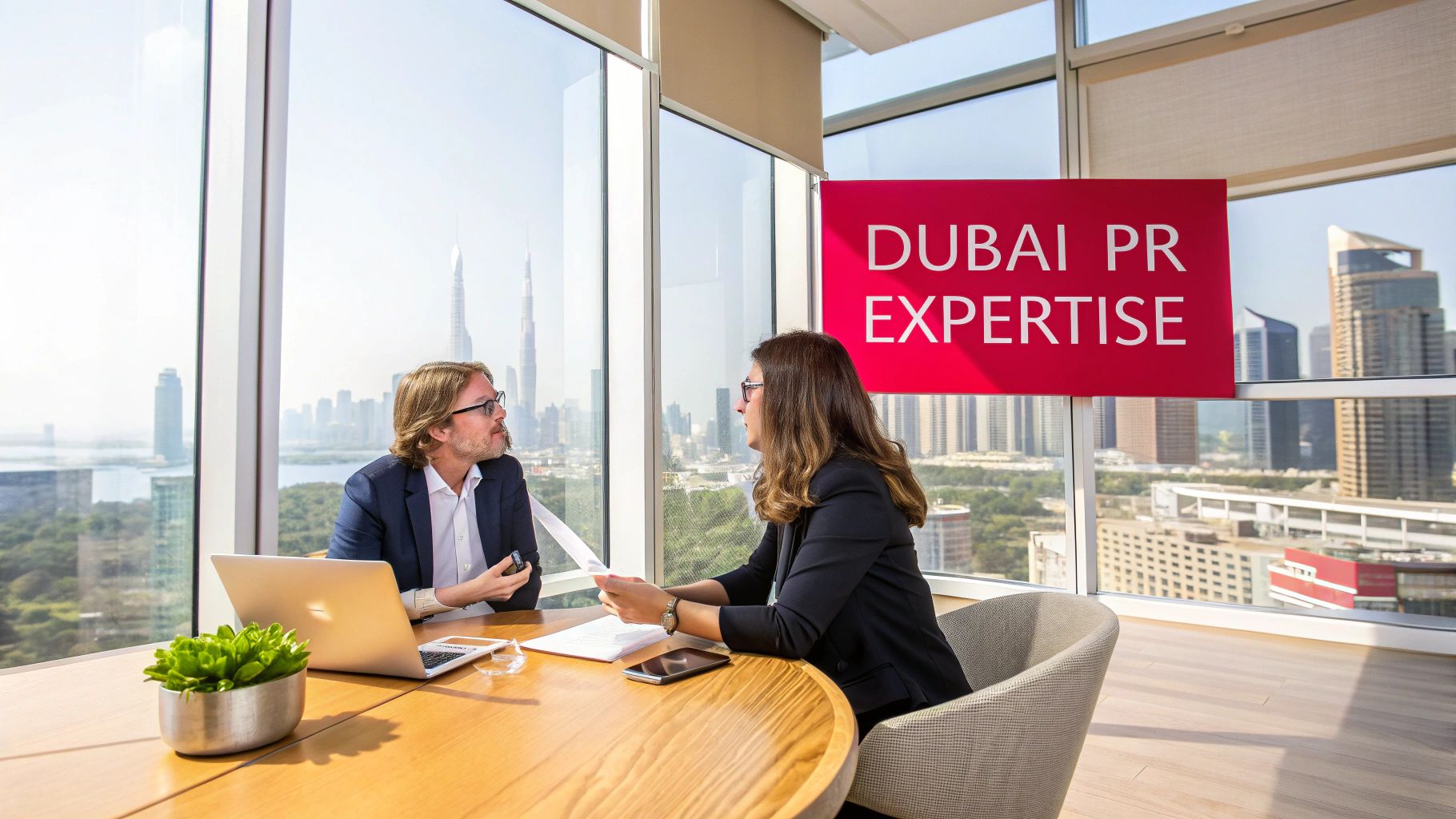 Business professionals meeting in modern Dubai office with skyline view discussing PR strategy