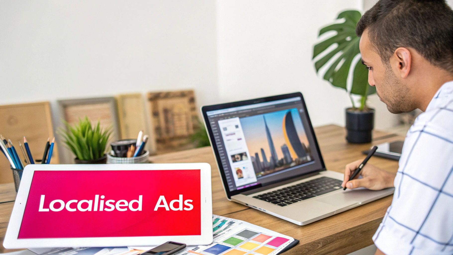 A man works on a laptop with a tablet displaying 'Localised Ads' and design tools on a wooden desk.
