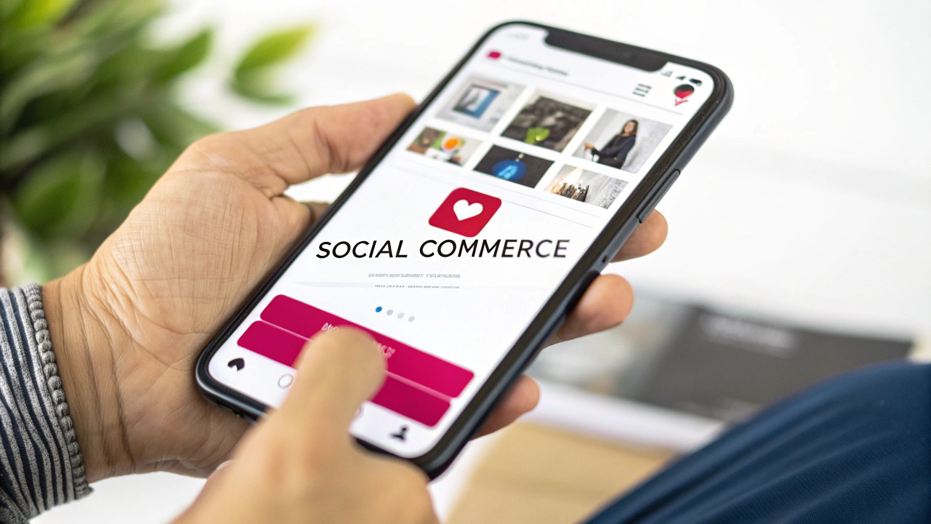 Close-up of a hand holding a smartphone displaying a 'Social Commerce' app for online shopping.