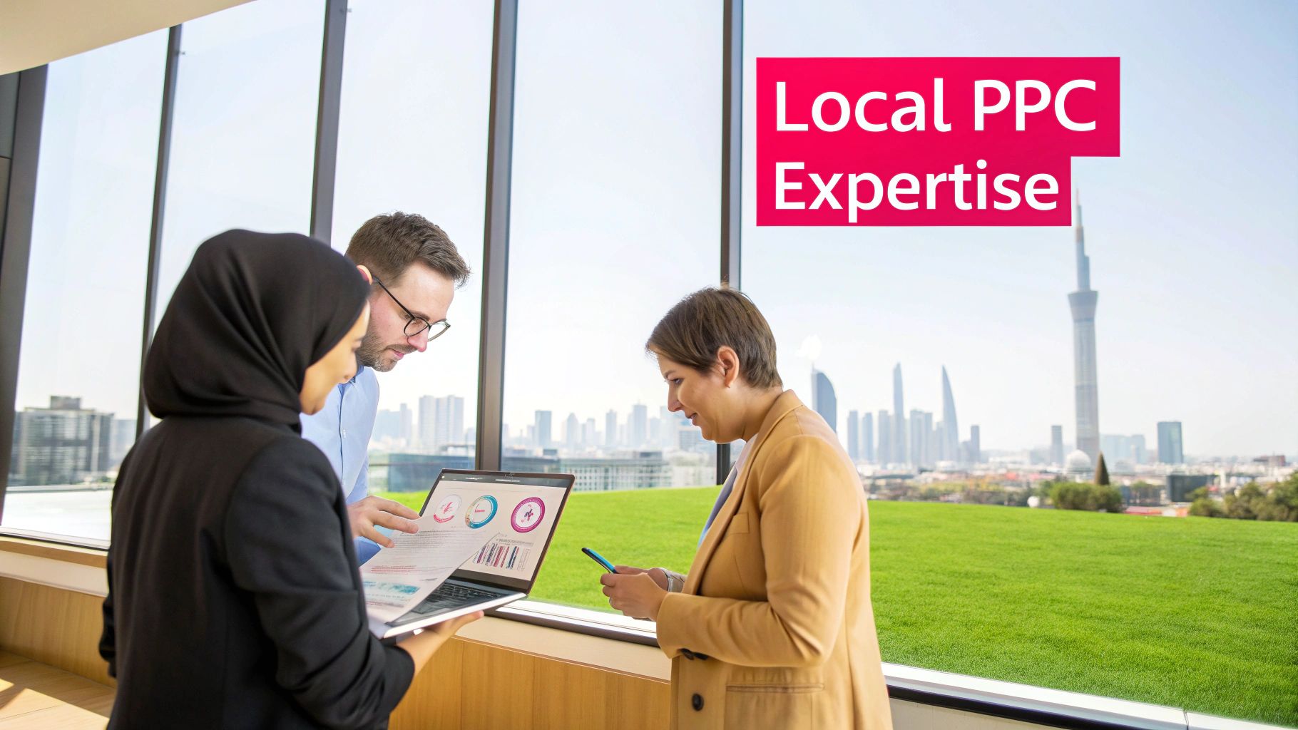 Three diverse professionals discussing local PPC strategy on a laptop in a modern office with a city skyline.