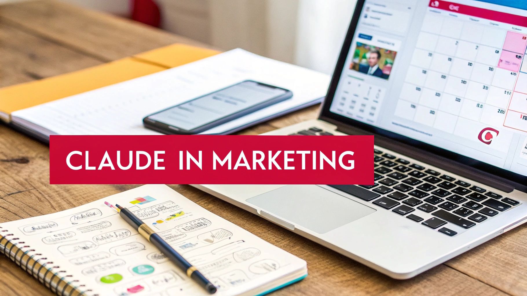 A marketing desk setup featuring a laptop, smartphone, notebook, and a 'Claude in Marketing' banner.