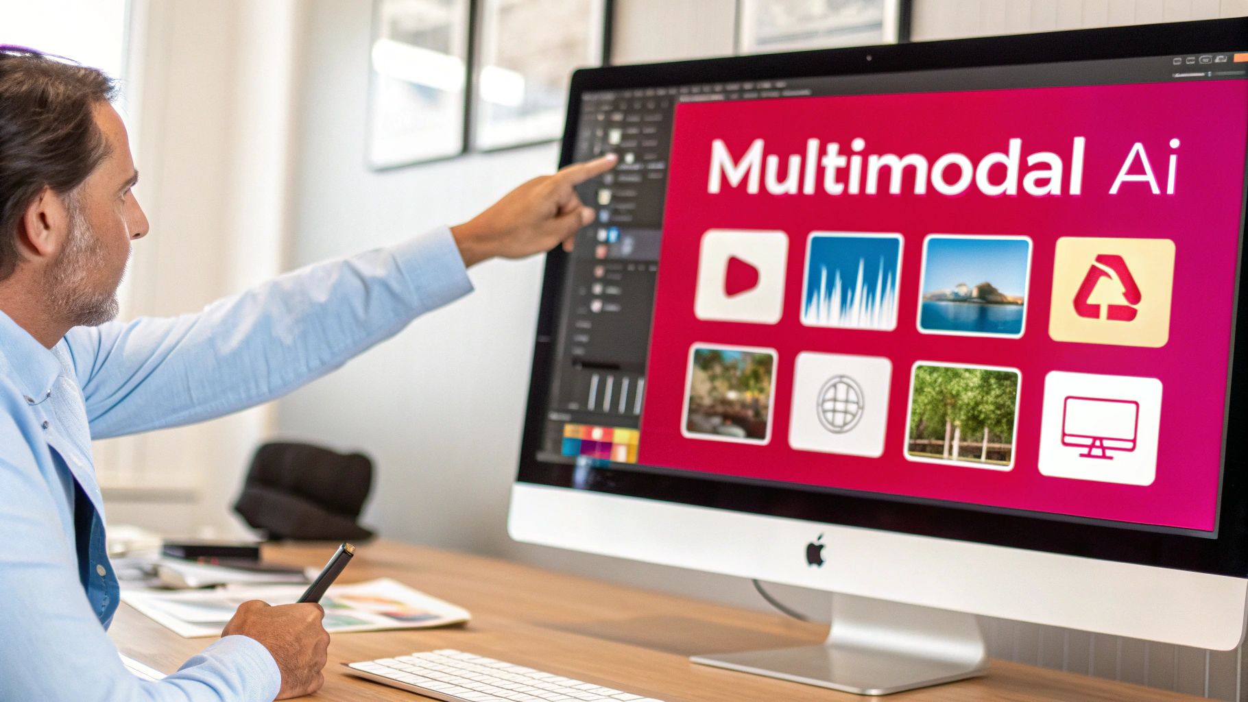 Professional pointing at computer screen displaying Multimodal AI interface with various media type icons