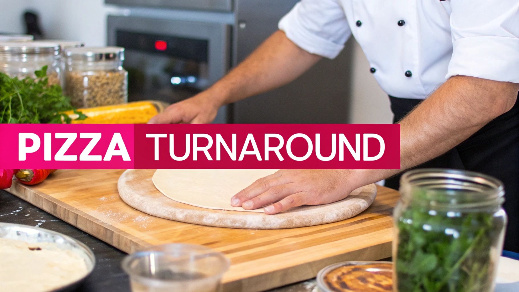 A chef in uniform prepares pizza dough on a wooden board amidst fresh ingredients.