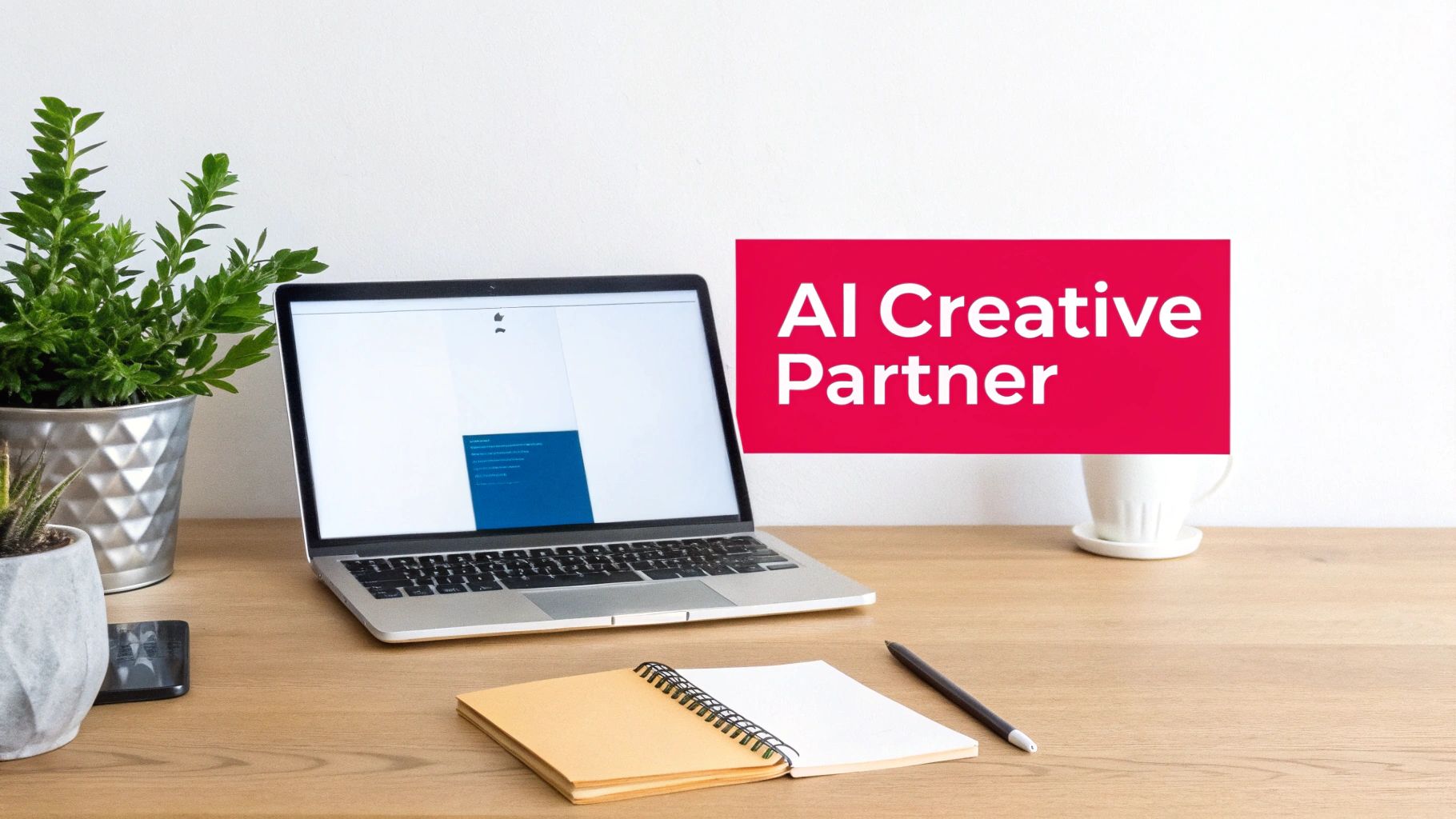 A clean workspace featuring a laptop, various plants, a notebook, and a red banner saying 'AI Creative Partner'.