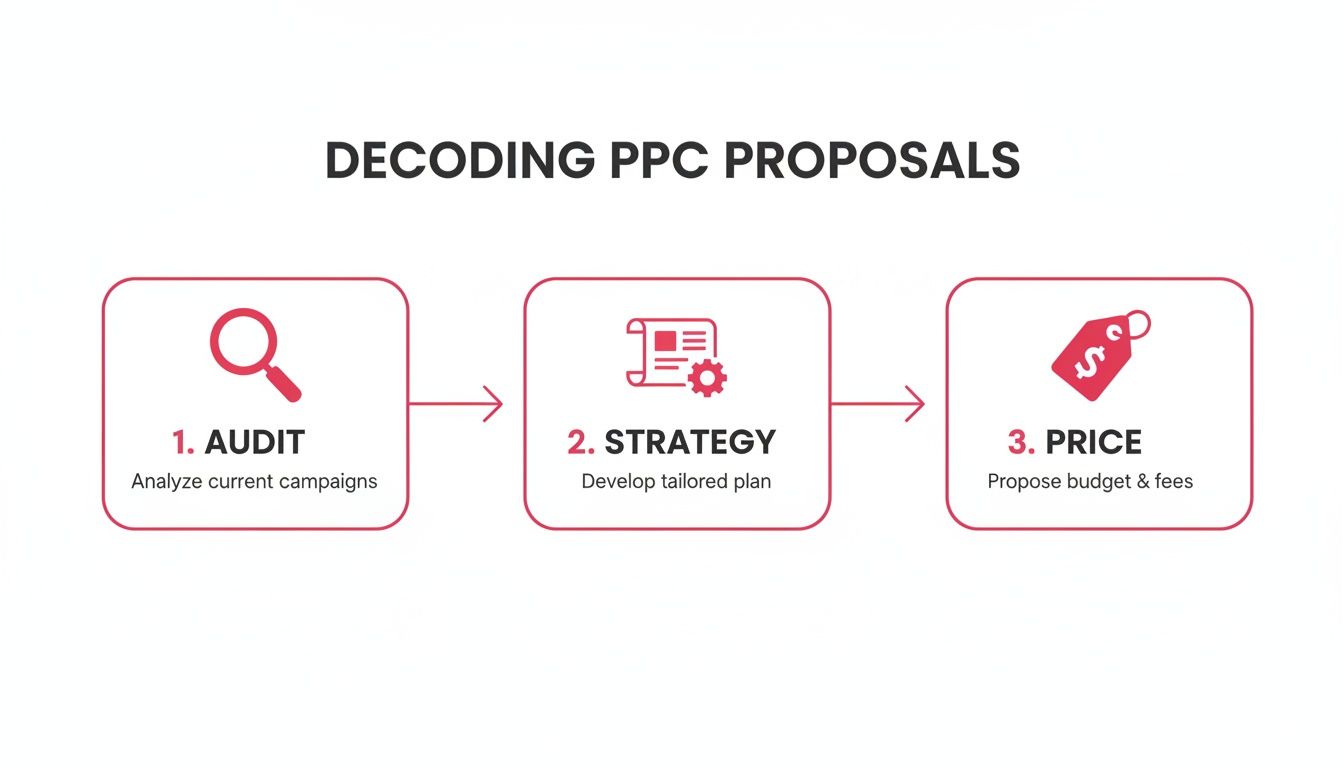 A three-step infographic showing the PPC proposal process: audit, strategy, and price.
