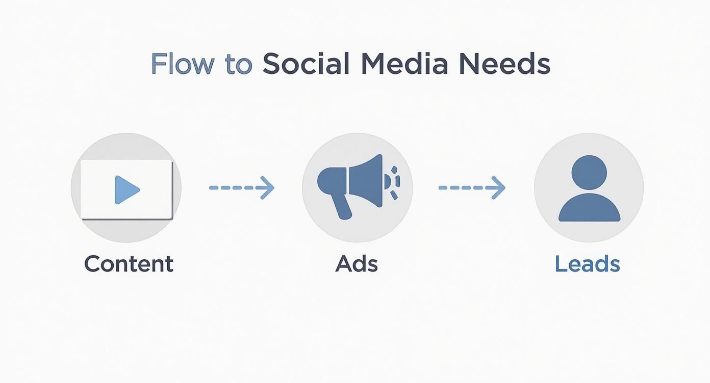 Social media marketing funnel showing content creation flowing through ads to generate qualified leads