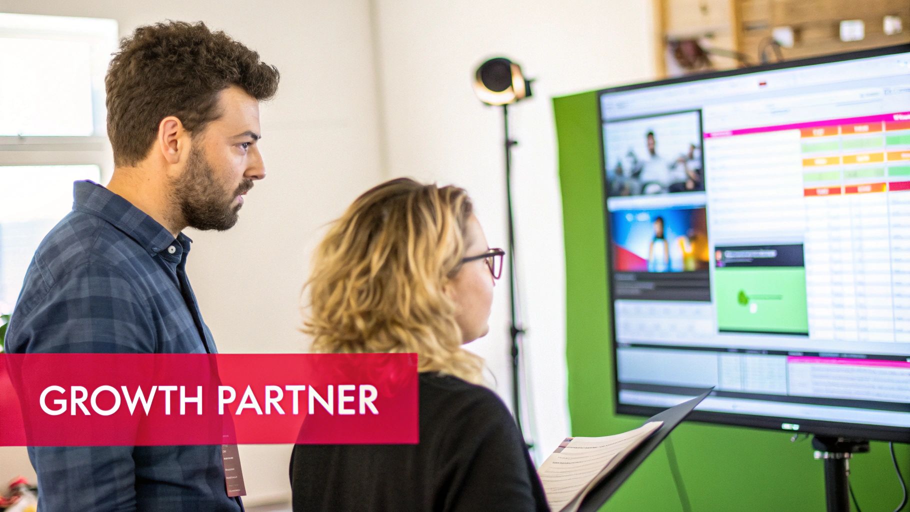 Two professionals analyze data and video content on a large screen in an advertising office.