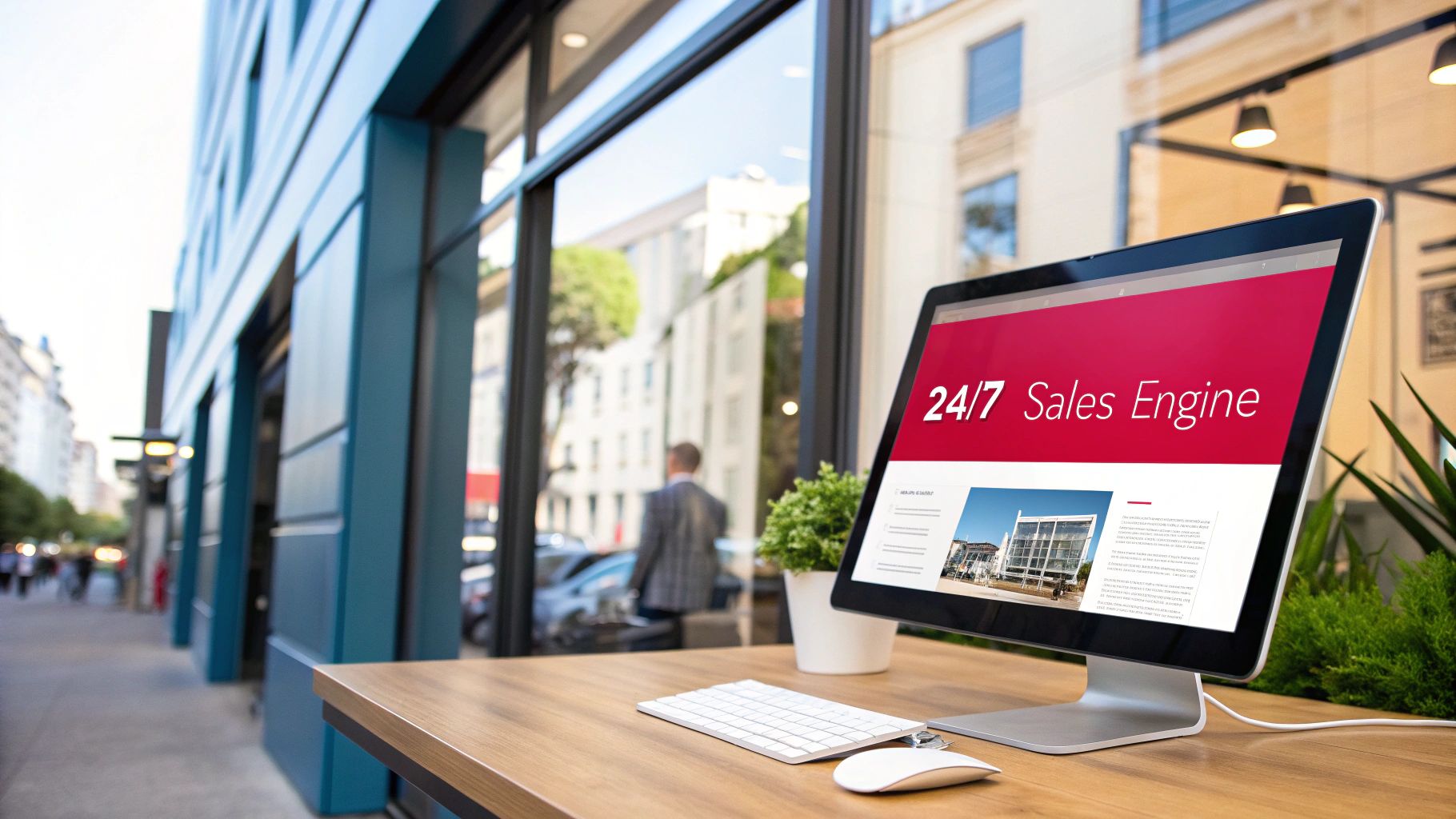 Modern desktop computer on a wooden table showcasing a '24/7 Sales Engine' website design.