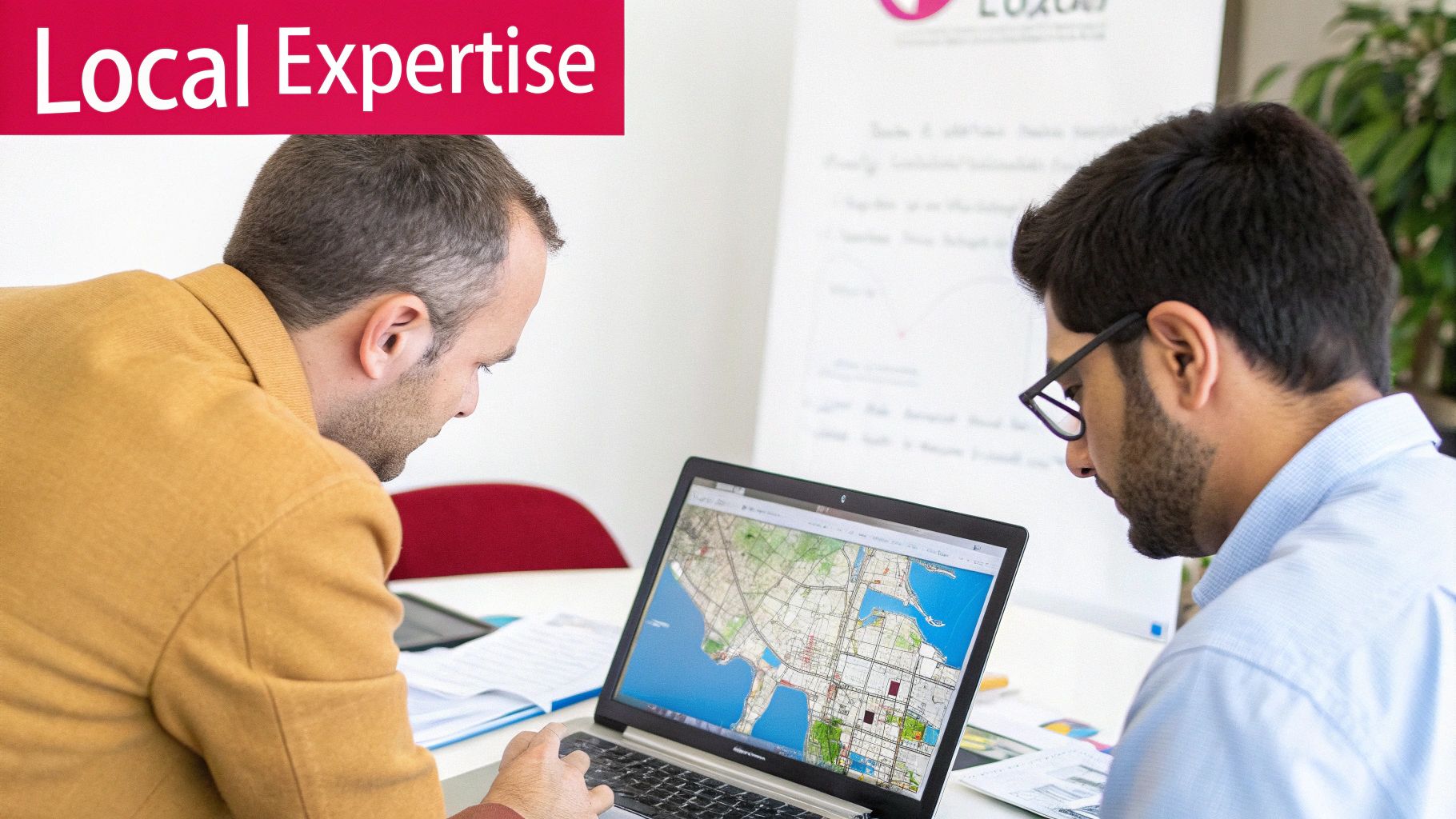Two men viewing a map on a laptop, discussing local areas, embodying local expertise.