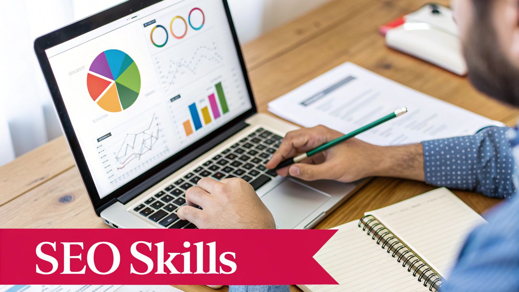 An individual working on a laptop, surrounded by icons representing different SEO skills.