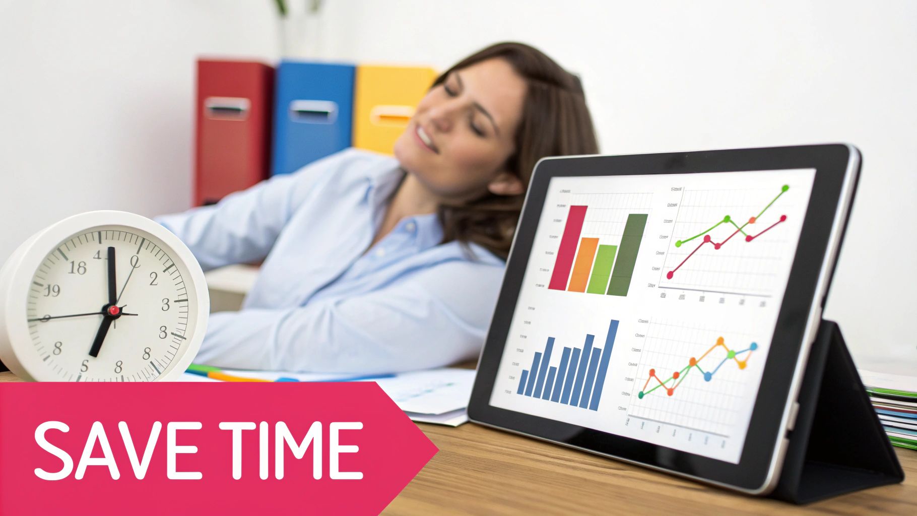 A woman relaxing at a desk with a clock and tablet showing business graphs, emphasizing time saving.
