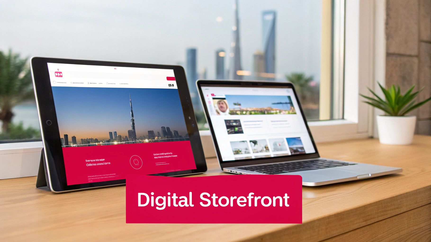 Modern workspace with a tablet and laptop displaying web designs on a wooden desk by a window.