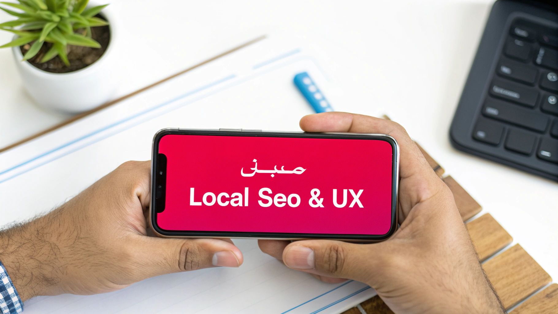 Hands hold a smartphone displaying 'Local Seo & UX' and Arabic text on a red screen.