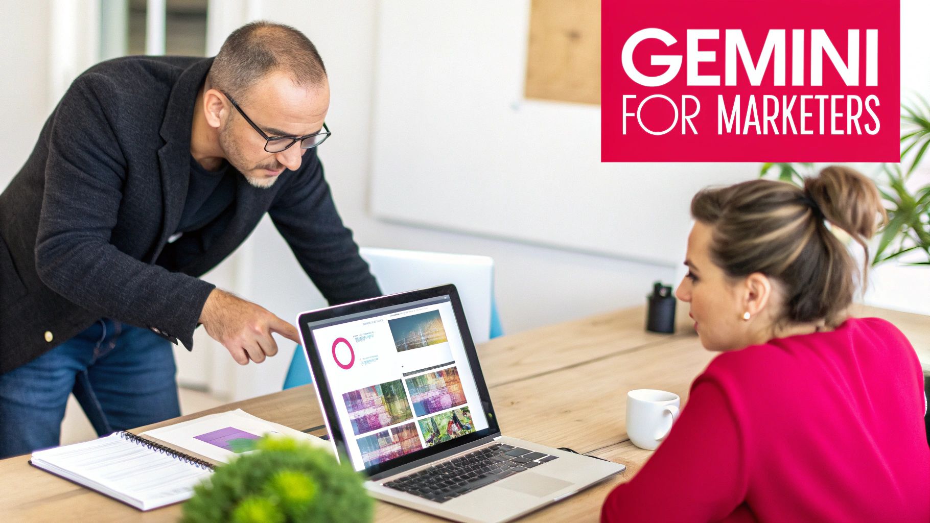 Two marketers collaborating on a laptop, reviewing design concepts for a Gemini marketing campaign.