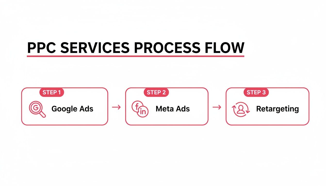PPC services process flow showing Google Ads, Meta Ads, and Retargeting steps.