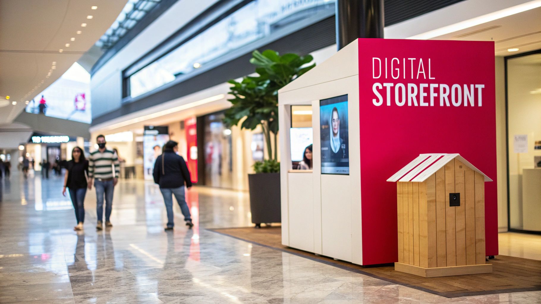 A 'DIGITAL STOREFRONT' booth with a screen displaying a person, alongside a wooden house model, in a modern mall.