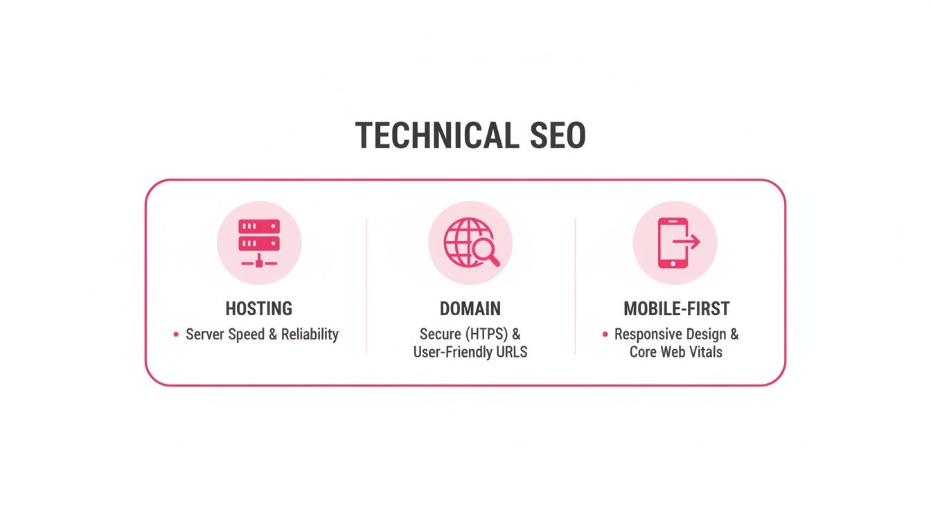 Technical SEO infographic with icons for hosting, domain, and mobile-first optimization factors.