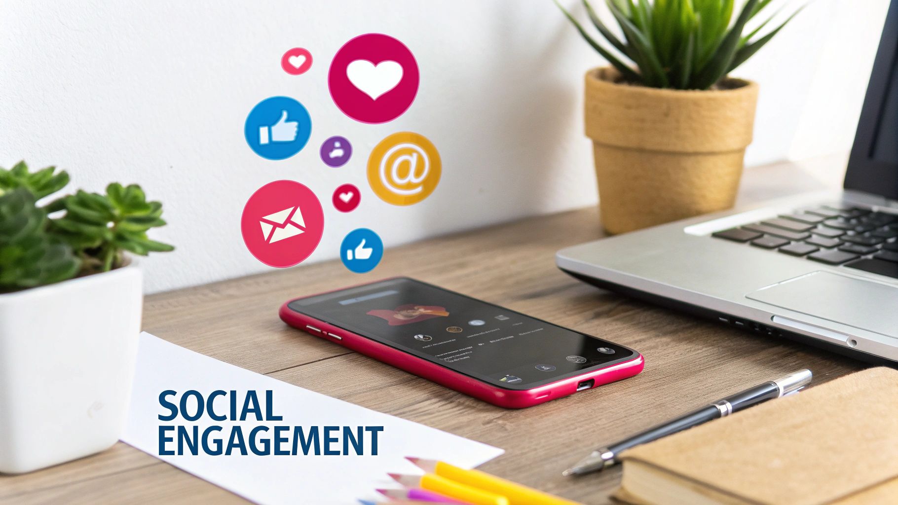 A group of people collaborating on a content and social media marketing strategy around a table.