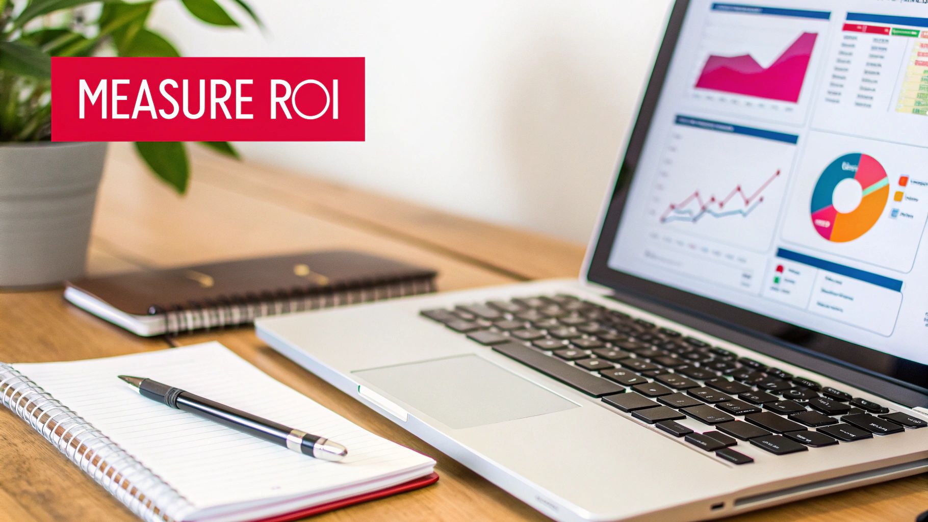 A laptop displaying ROI analytics and charts on a desk with a notebook, pen, and potted plant.