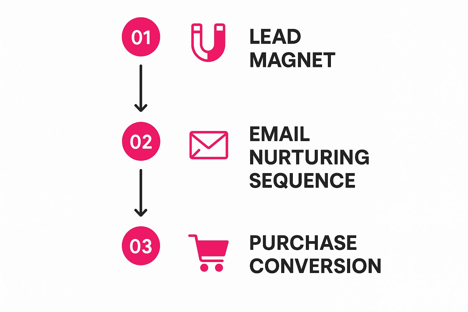 Infographic showing the three stages of a sales funnel: Lead Magnet, Email Nurturing Sequence, and Purchase Conversion.