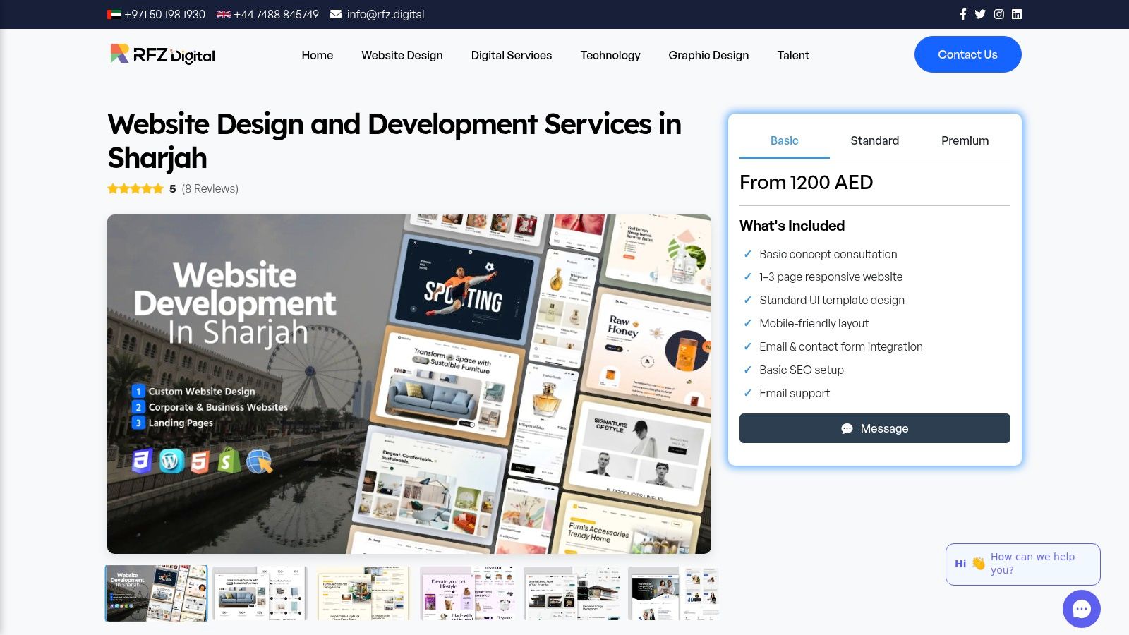 RFZ Digital's website showcasing its Sharjah-specific web design packages with clear pricing and features.