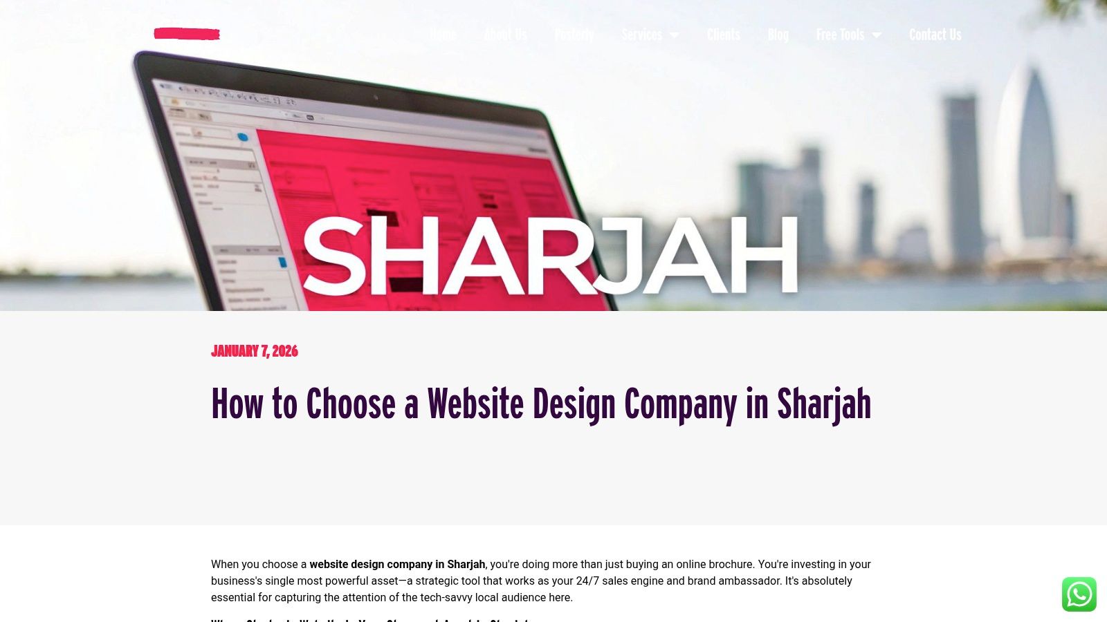 A professional and modern website design displayed on a laptop, showcasing clean user interface and strong branding for a Sharjah-based business.