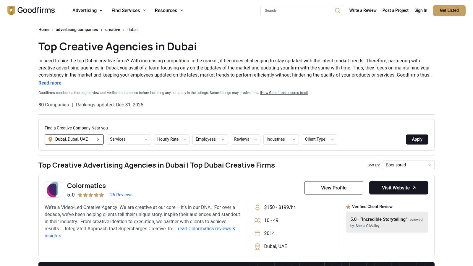 A screenshot of the GoodFirms website displaying a list of creative agencies in Dubai, highlighting their services, ratings, and locations.