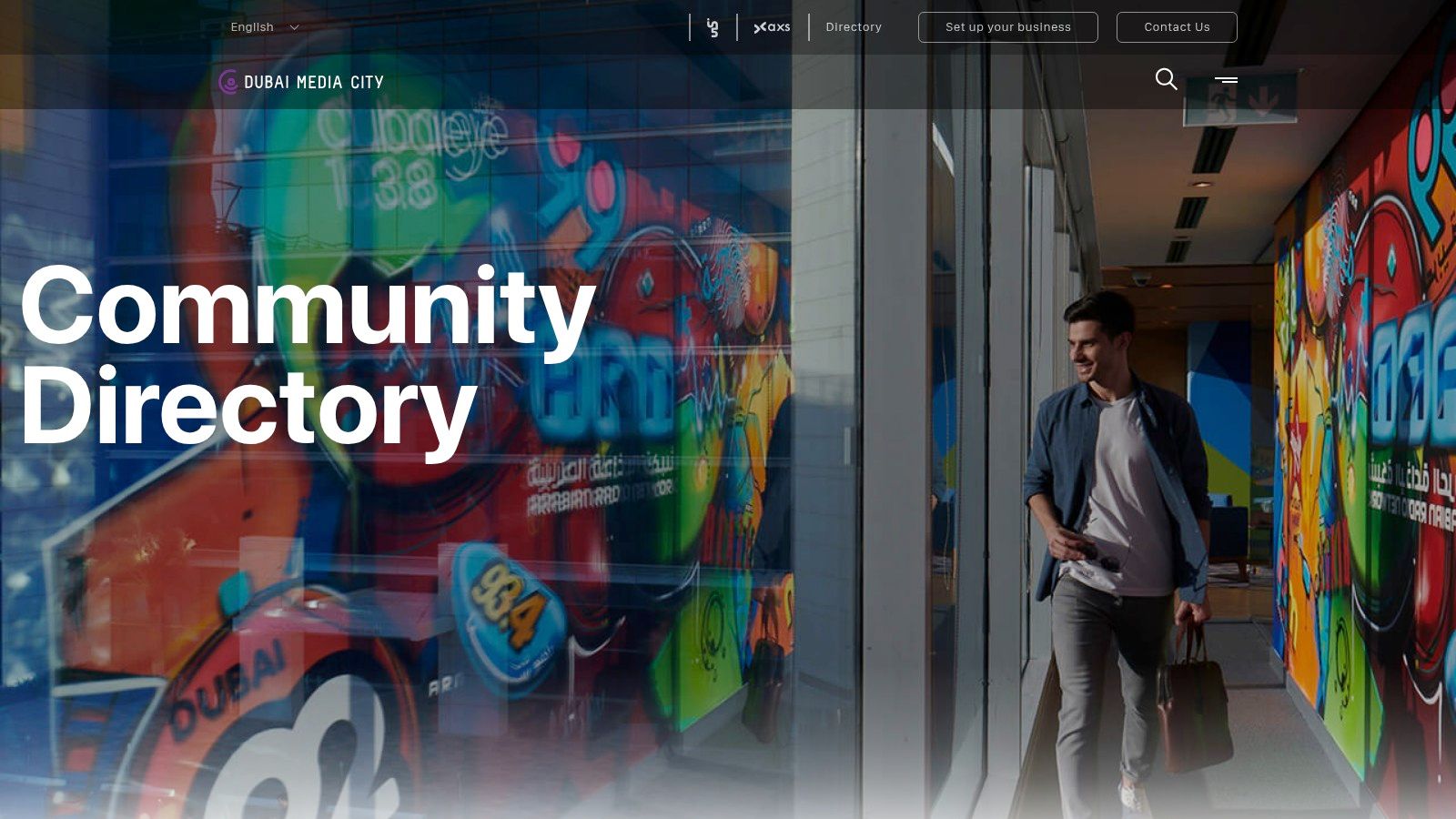 A screenshot of the Dubai Media City (DMC) Community Directory website, showing search filters for categories like 'Animation', 'Audio/Sound Production', and 'Broadcasting'.